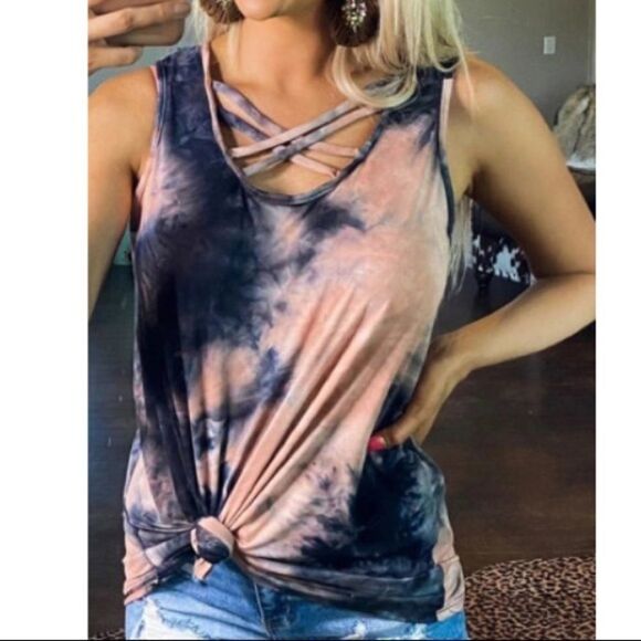 💝Blue and Pink tie dye Cross Front tank - Picture 1 of 9
